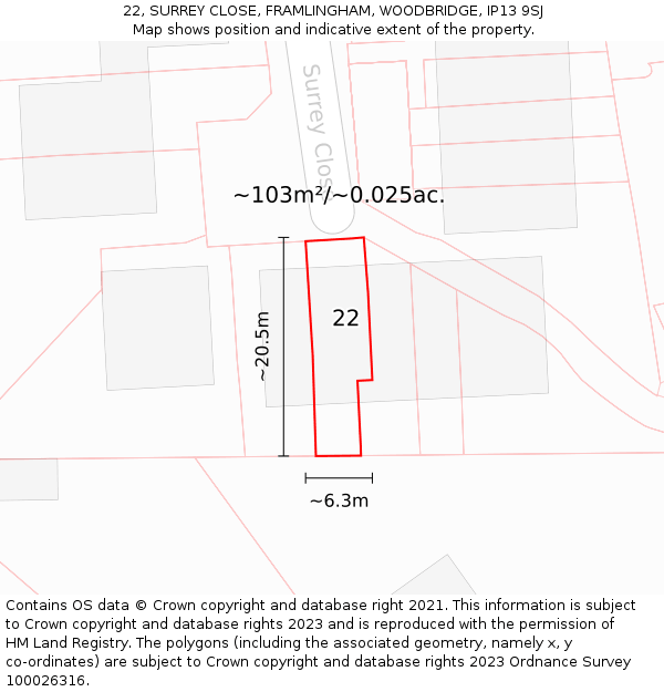 22, SURREY CLOSE, FRAMLINGHAM, WOODBRIDGE, IP13 9SJ: Plot and title map