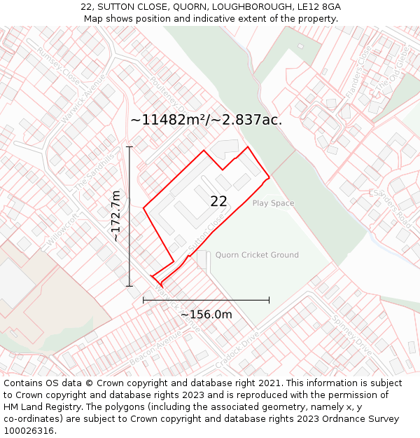 22, SUTTON CLOSE, QUORN, LOUGHBOROUGH, LE12 8GA: Plot and title map