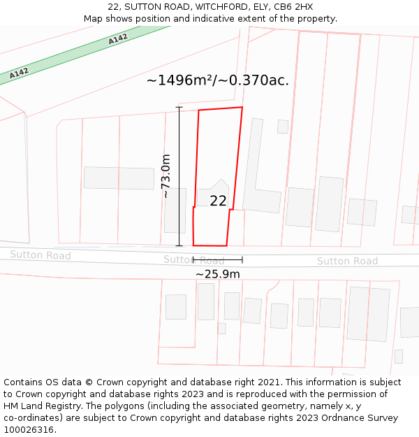 22, SUTTON ROAD, WITCHFORD, ELY, CB6 2HX: Plot and title map