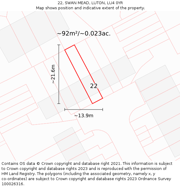 22, SWAN MEAD, LUTON, LU4 0YR: Plot and title map