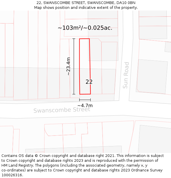 22, SWANSCOMBE STREET, SWANSCOMBE, DA10 0BN: Plot and title map