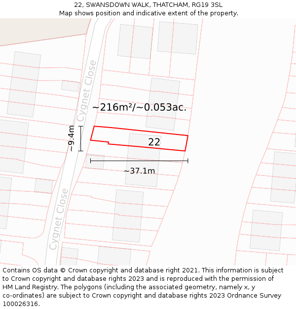 22, SWANSDOWN WALK, THATCHAM, RG19 3SL: Plot and title map