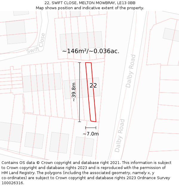 22, SWIFT CLOSE, MELTON MOWBRAY, LE13 0BB: Plot and title map