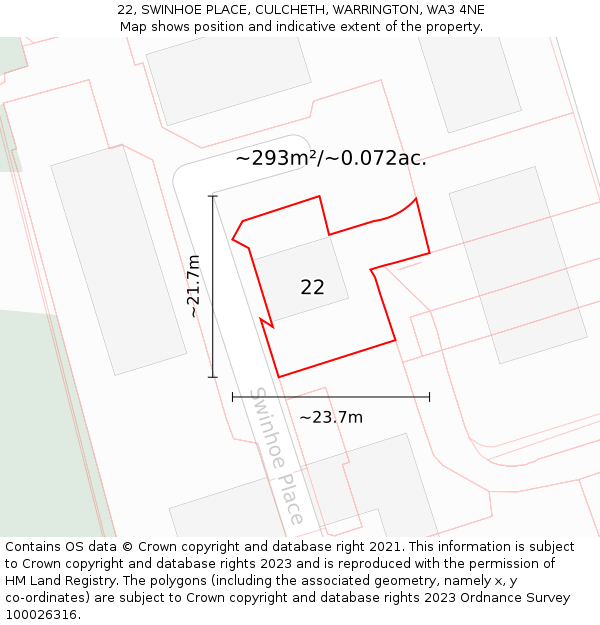22, SWINHOE PLACE, CULCHETH, WARRINGTON, WA3 4NE: Plot and title map