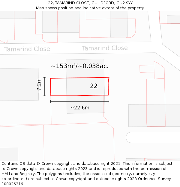 22, TAMARIND CLOSE, GUILDFORD, GU2 9YY: Plot and title map