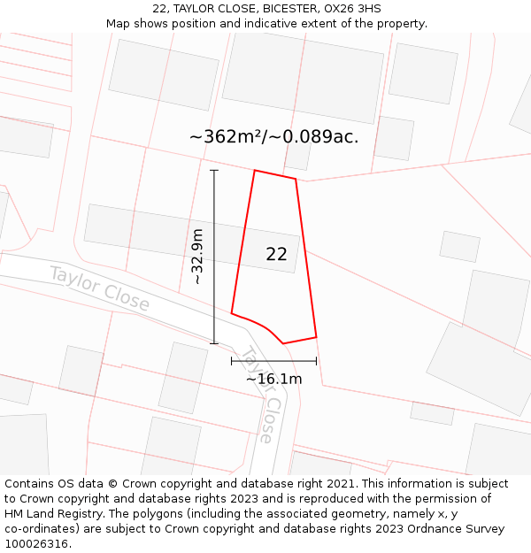 22, TAYLOR CLOSE, BICESTER, OX26 3HS: Plot and title map