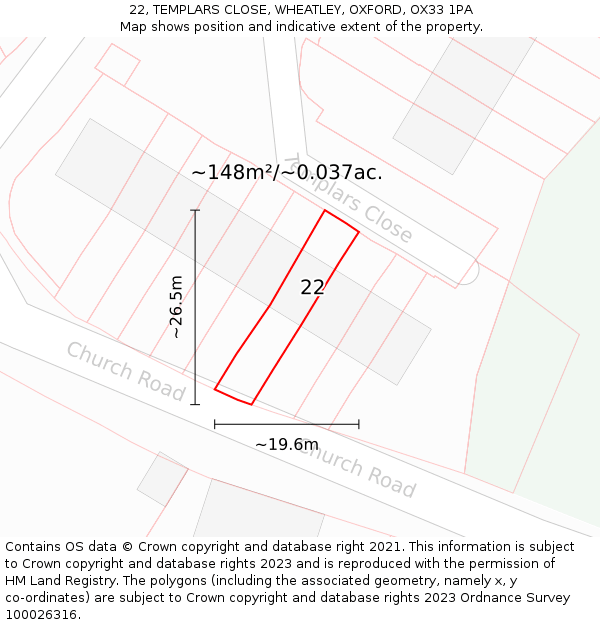 22, TEMPLARS CLOSE, WHEATLEY, OXFORD, OX33 1PA: Plot and title map