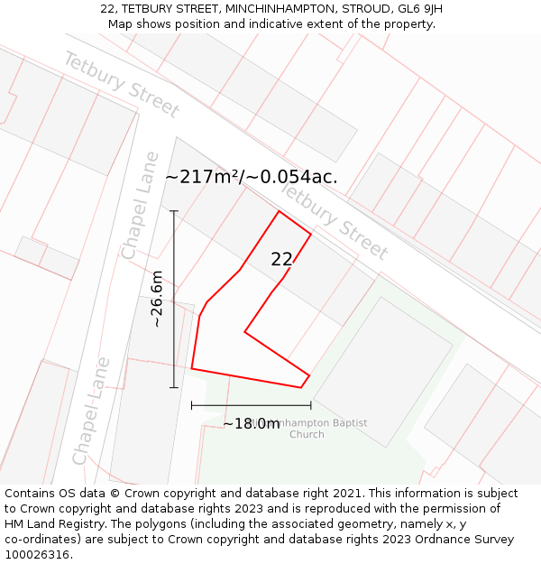 22, TETBURY STREET, MINCHINHAMPTON, STROUD, GL6 9JH: Plot and title map