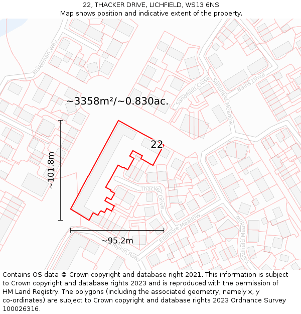 22, THACKER DRIVE, LICHFIELD, WS13 6NS: Plot and title map