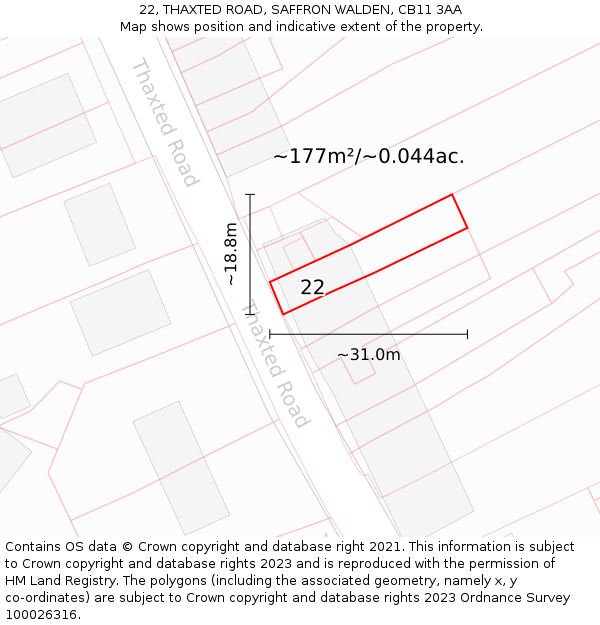 22, THAXTED ROAD, SAFFRON WALDEN, CB11 3AA: Plot and title map