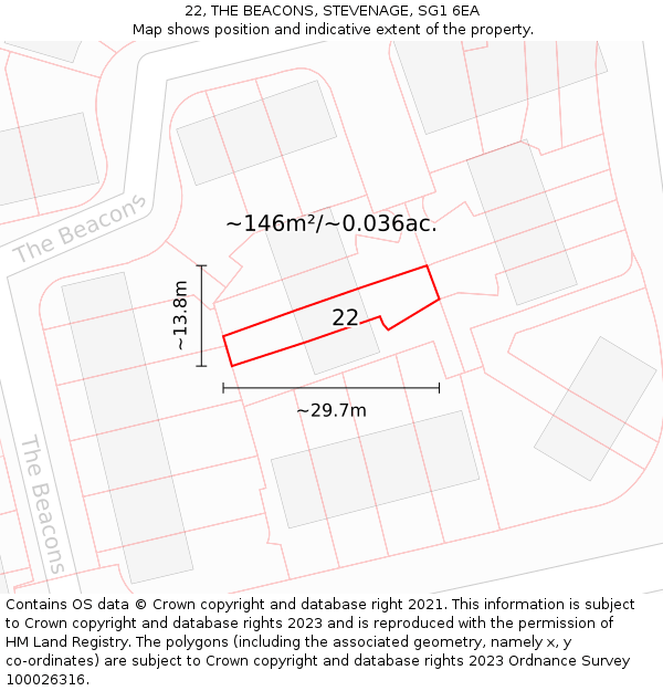 22, THE BEACONS, STEVENAGE, SG1 6EA: Plot and title map