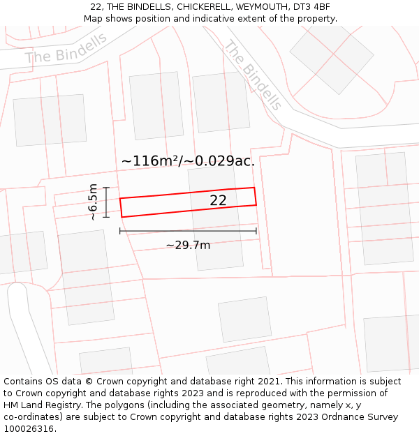22, THE BINDELLS, CHICKERELL, WEYMOUTH, DT3 4BF: Plot and title map