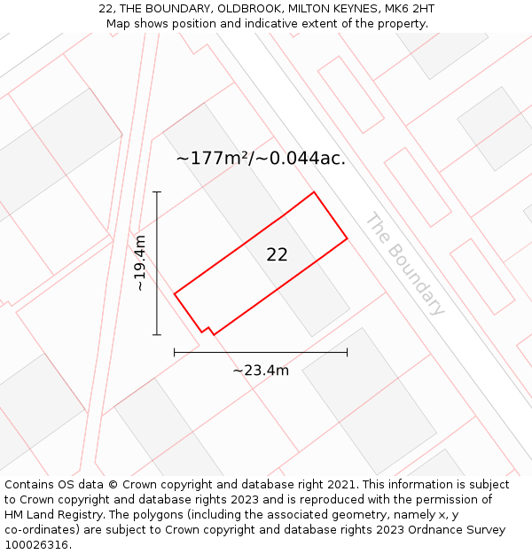 22, THE BOUNDARY, OLDBROOK, MILTON KEYNES, MK6 2HT: Plot and title map