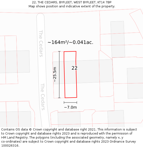 22, THE CEDARS, BYFLEET, WEST BYFLEET, KT14 7BP: Plot and title map