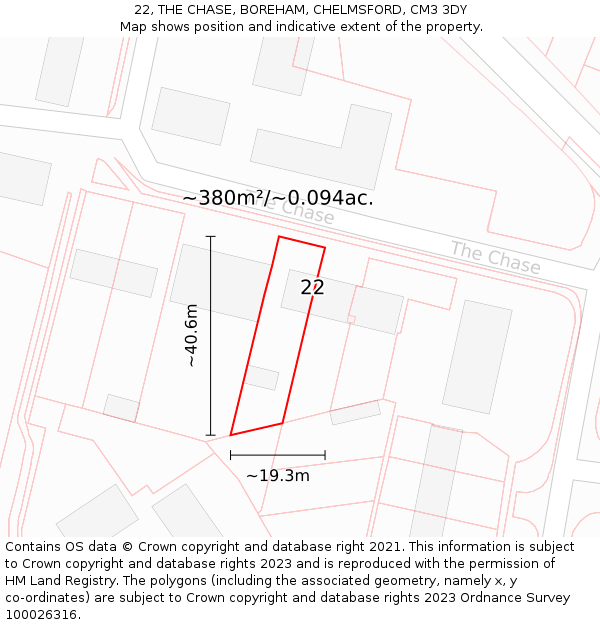 22, THE CHASE, BOREHAM, CHELMSFORD, CM3 3DY: Plot and title map