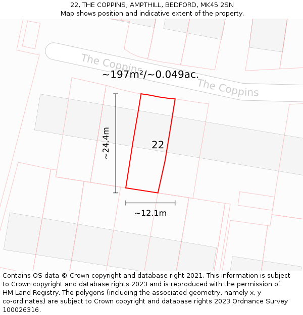 22, THE COPPINS, AMPTHILL, BEDFORD, MK45 2SN: Plot and title map