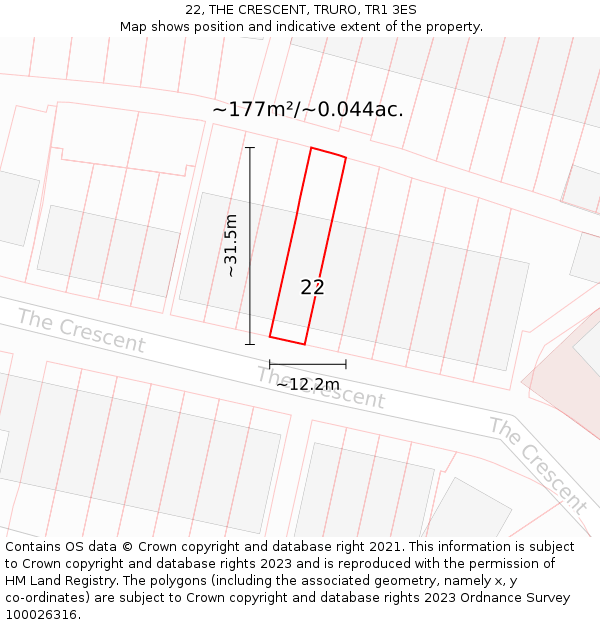 22, THE CRESCENT, TRURO, TR1 3ES: Plot and title map