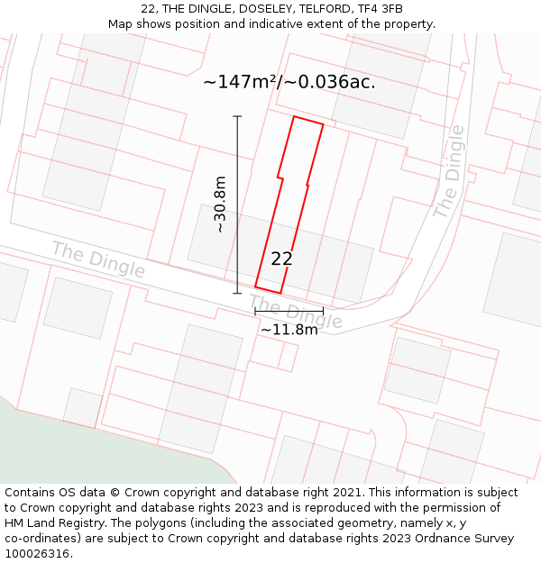 22, THE DINGLE, DOSELEY, TELFORD, TF4 3FB: Plot and title map