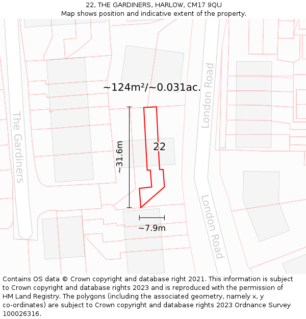 22, THE GARDINERS, HARLOW, CM17 9QU: Plot and title map