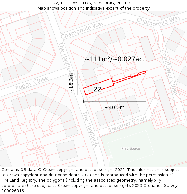 22, THE HAYFIELDS, SPALDING, PE11 3FE: Plot and title map