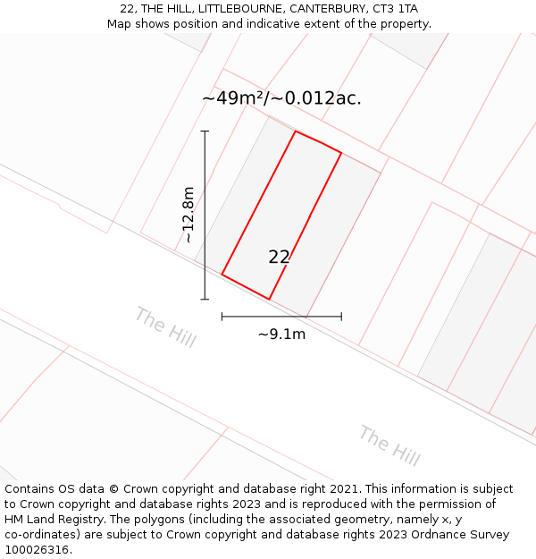 22, THE HILL, LITTLEBOURNE, CANTERBURY, CT3 1TA: Plot and title map