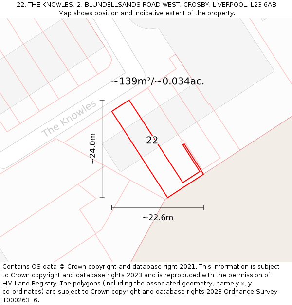 22, THE KNOWLES, 2, BLUNDELLSANDS ROAD WEST, CROSBY, LIVERPOOL, L23 6AB: Plot and title map