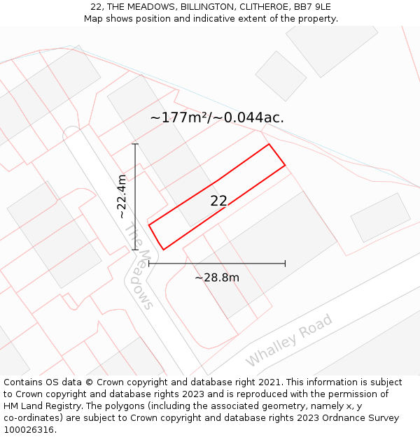 22, THE MEADOWS, BILLINGTON, CLITHEROE, BB7 9LE: Plot and title map
