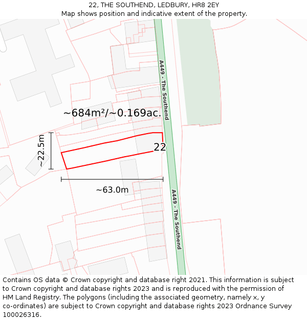 22, THE SOUTHEND, LEDBURY, HR8 2EY: Plot and title map