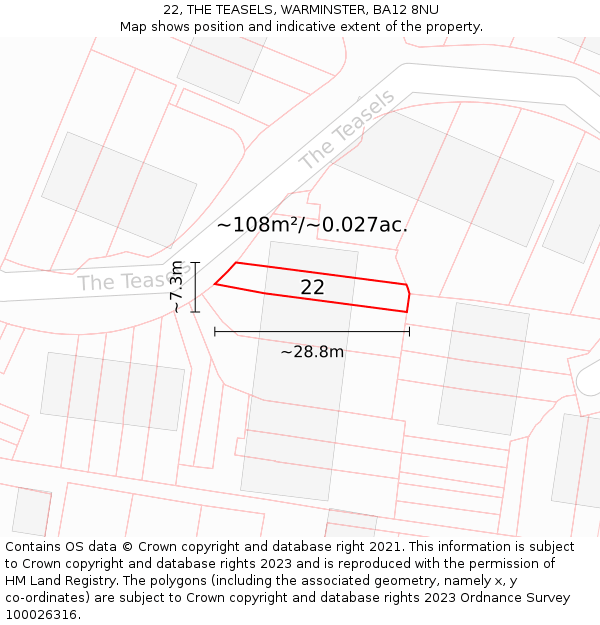 22, THE TEASELS, WARMINSTER, BA12 8NU: Plot and title map