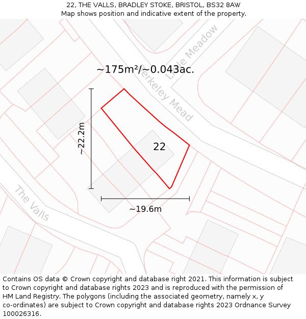 22, THE VALLS, BRADLEY STOKE, BRISTOL, BS32 8AW: Plot and title map