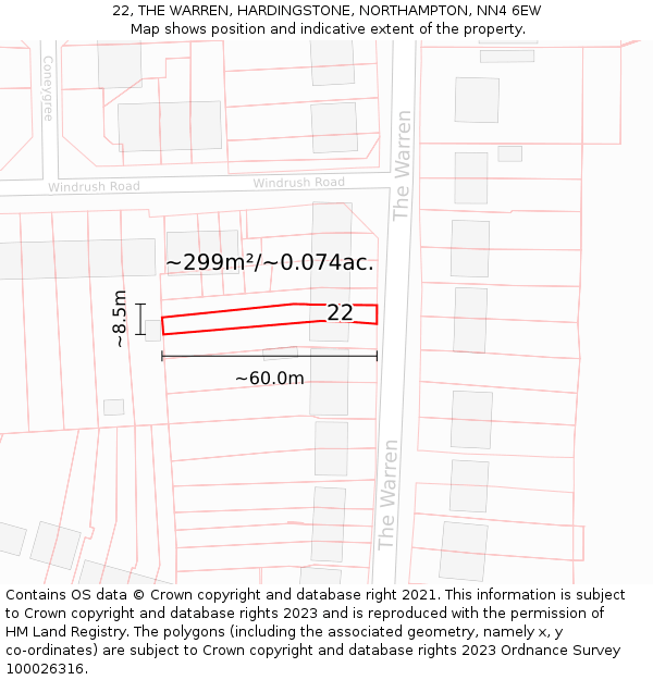 22, THE WARREN, HARDINGSTONE, NORTHAMPTON, NN4 6EW: Plot and title map