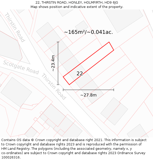22, THIRSTIN ROAD, HONLEY, HOLMFIRTH, HD9 6JG: Plot and title map