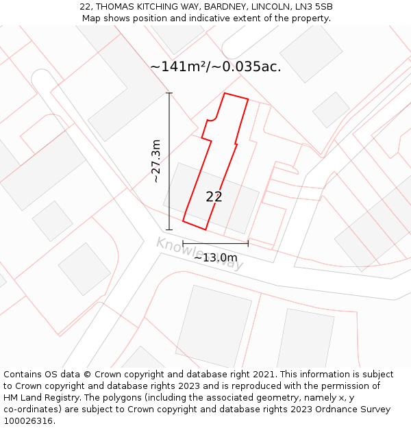 22, THOMAS KITCHING WAY, BARDNEY, LINCOLN, LN3 5SB: Plot and title map
