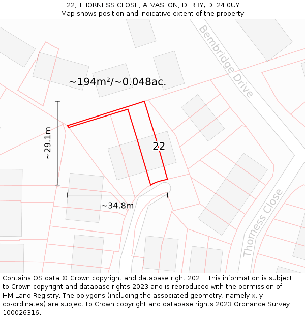 22, THORNESS CLOSE, ALVASTON, DERBY, DE24 0UY: Plot and title map