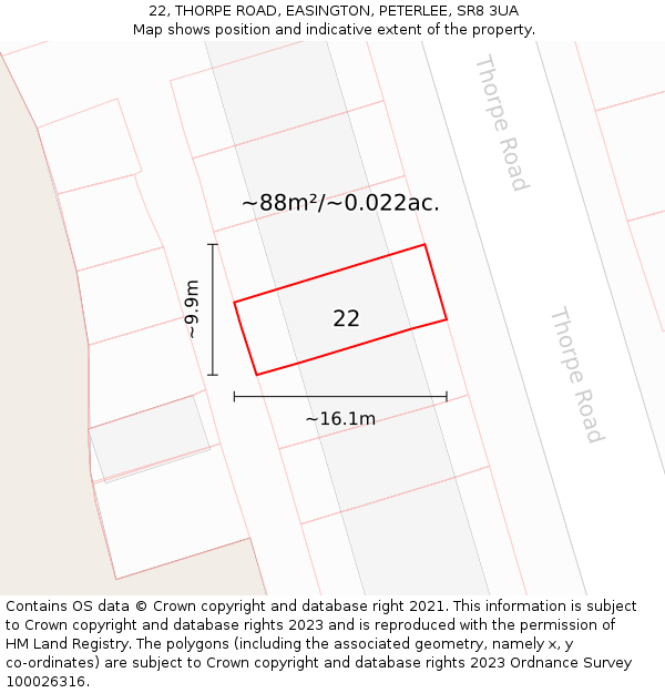 22, THORPE ROAD, EASINGTON, PETERLEE, SR8 3UA: Plot and title map