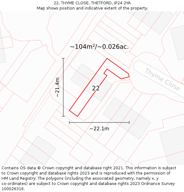 22, THYME CLOSE, THETFORD, IP24 2YA: Plot and title map