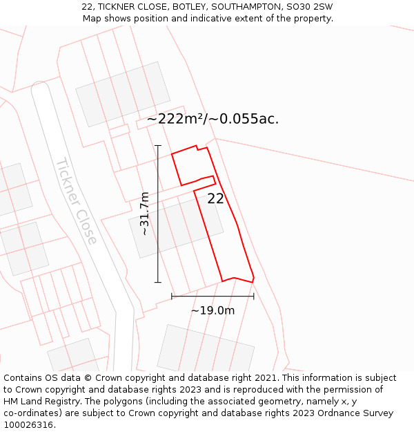22, TICKNER CLOSE, BOTLEY, SOUTHAMPTON, SO30 2SW: Plot and title map