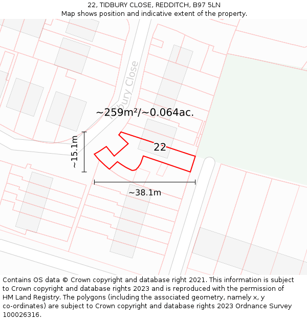 22, TIDBURY CLOSE, REDDITCH, B97 5LN: Plot and title map