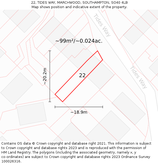 22, TIDES WAY, MARCHWOOD, SOUTHAMPTON, SO40 4LB: Plot and title map
