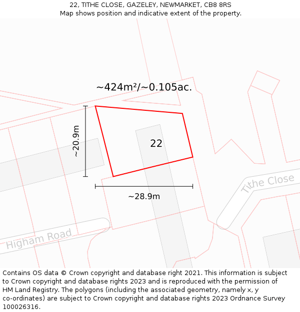 22, TITHE CLOSE, GAZELEY, NEWMARKET, CB8 8RS: Plot and title map