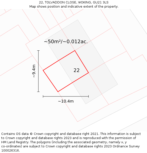 22, TOLVADDON CLOSE, WOKING, GU21 3LS: Plot and title map