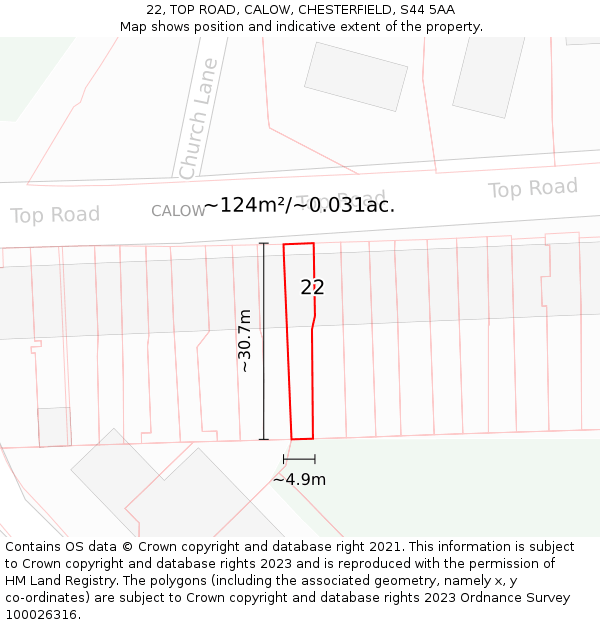 22, TOP ROAD, CALOW, CHESTERFIELD, S44 5AA: Plot and title map