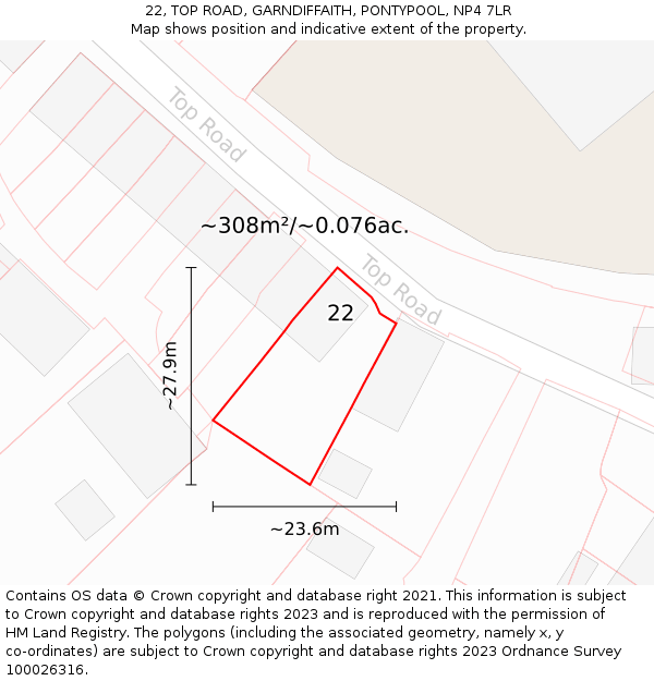 22, TOP ROAD, GARNDIFFAITH, PONTYPOOL, NP4 7LR: Plot and title map