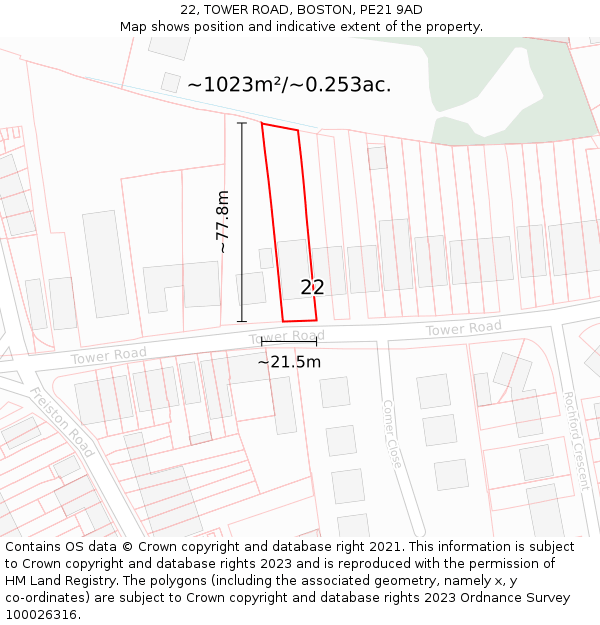 22, TOWER ROAD, BOSTON, PE21 9AD: Plot and title map