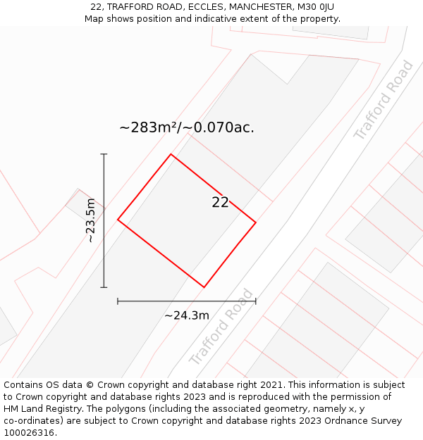 22, TRAFFORD ROAD, ECCLES, MANCHESTER, M30 0JU: Plot and title map