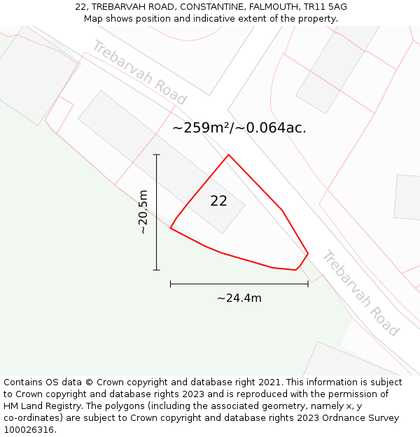 22, TREBARVAH ROAD, CONSTANTINE, FALMOUTH, TR11 5AG: Plot and title map