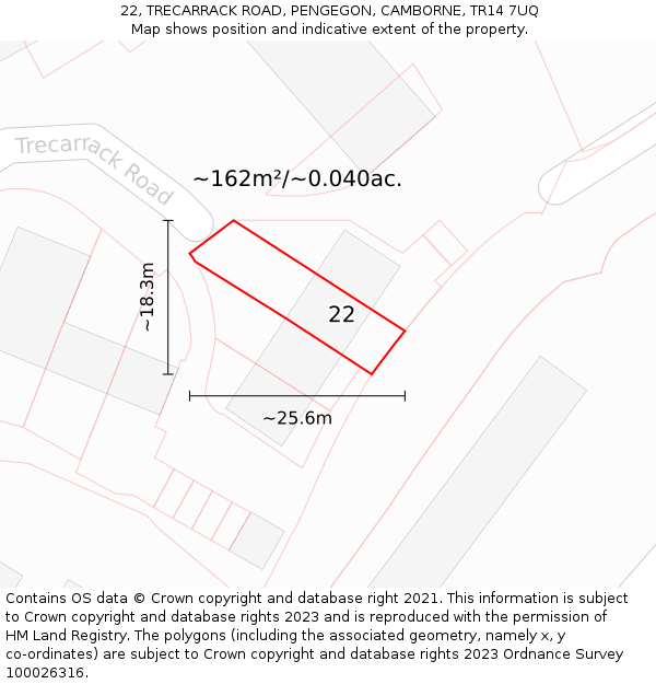 22, TRECARRACK ROAD, PENGEGON, CAMBORNE, TR14 7UQ: Plot and title map