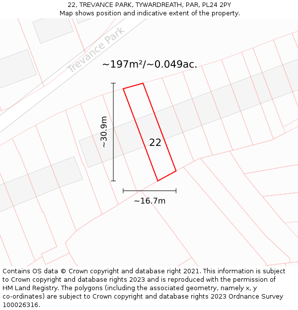 22, TREVANCE PARK, TYWARDREATH, PAR, PL24 2PY: Plot and title map
