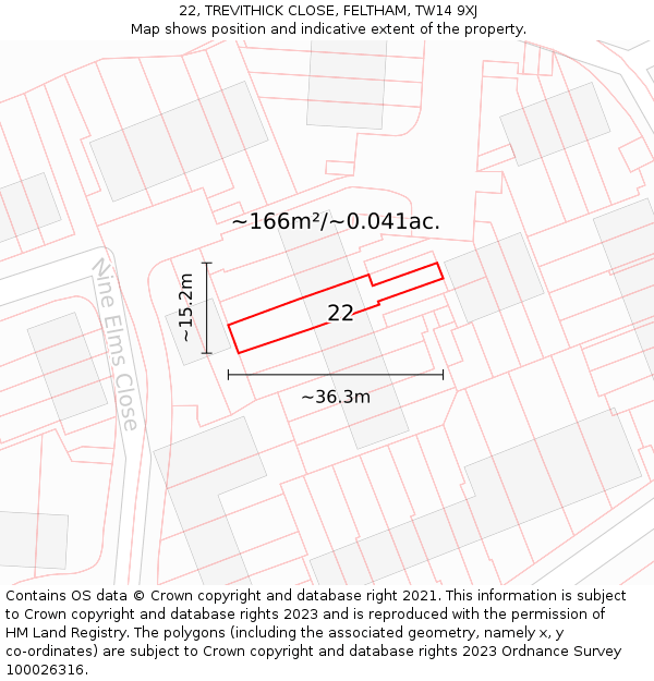 22, TREVITHICK CLOSE, FELTHAM, TW14 9XJ: Plot and title map