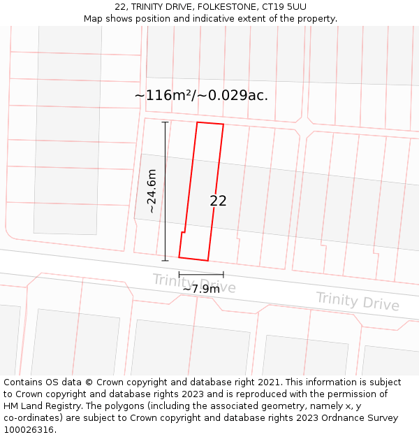 22, TRINITY DRIVE, FOLKESTONE, CT19 5UU: Plot and title map